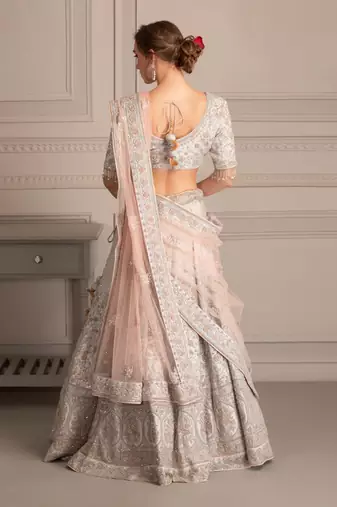 Grey Lehenga With Dabka Work  & Contrast Tuelle Dupatta