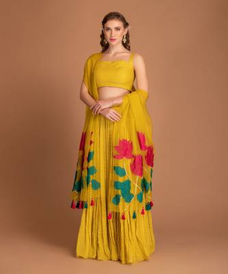 Yellow Lehenga & Blouse With Applique Work Of Lown Work 1