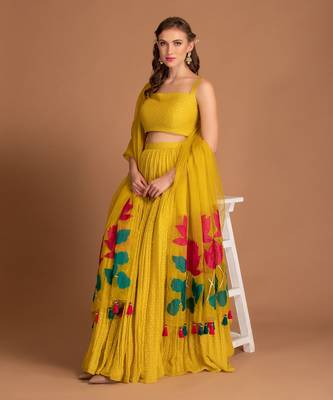 Yellow Lehenga & Blouse With Applique Work Of Lown Work 3