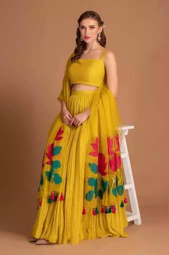Yellow Lehenga & Blouse With Applique Work Of Lown Work