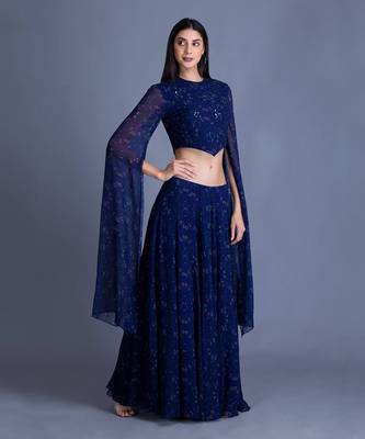Floral Can Never Go Wrong Look Stylish In Our Cobalt Blue Floral Dress With Sequin Work Hightlight In Body 1