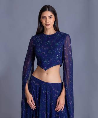 Floral Can Never Go Wrong Look Stylish In Our Cobalt Blue Floral Dress With Sequin Work Hightlight In Body 2
