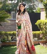 JJ's Crafted Elegance Kashmiri Pashmina Saree with Cotton Silk Base & Paisley Border