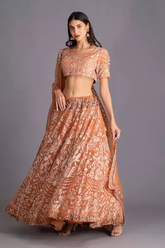 Rust Orange Lehenga Set With Blouse And Dupatta
