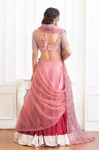 Mulberry Shaded Saree Lehenga With Floral Print Details And Hand Work Of Zardozi Clubbed