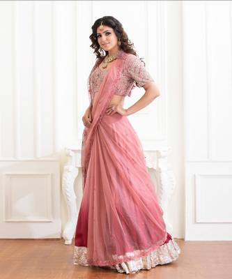Mulberry Shaded Saree Lehenga With Floral Print Details And Hand Work Of Zardozi Clubbed 3
