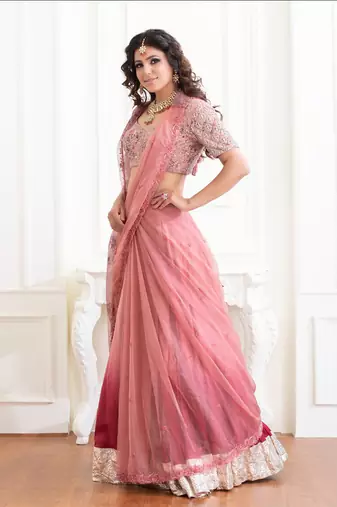 Mulberry Shaded Saree Lehenga With Floral Print Details And Hand Work Of Zardozi Clubbed