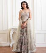 Baize Green Off-Shoulder Corset Blouse Clubbed With Floral Printed Skirt