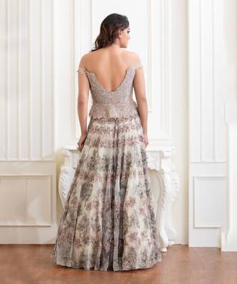 Baize Green Off-Shoulder Corset Blouse Clubbed With Floral Printed Skirt 2