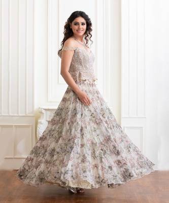 Baize Green Off-Shoulder Corset Blouse Clubbed With Floral Printed Skirt 3