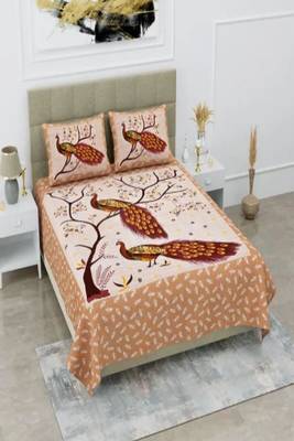 Jaipuri Light Brown Color Ped Pe Peacock Print 100% Cotton Double Bedsheet 1