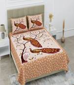 Jaipuri Light Brown Color Ped Pe Peacock Print 100% Cotton Double Bedsheet