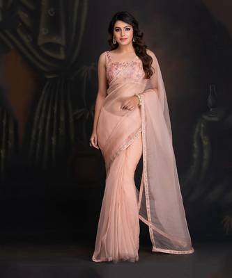 Peach Bloom Silk Organza Saree With Dabka Work Border Clubbed With Raw Silk Blouse In Resham Work 1