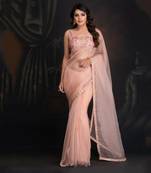 Peach Bloom Silk Organza Saree With Dabka Work Border Clubbed With Raw Silk Blouse In Resham Work