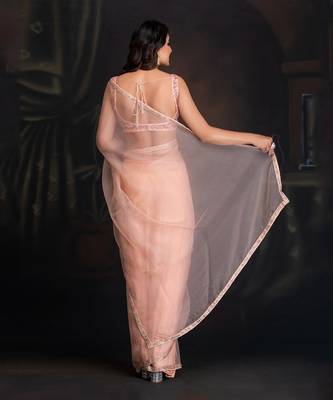 Peach Bloom Silk Organza Saree With Dabka Work Border Clubbed With Raw Silk Blouse In Resham Work 2