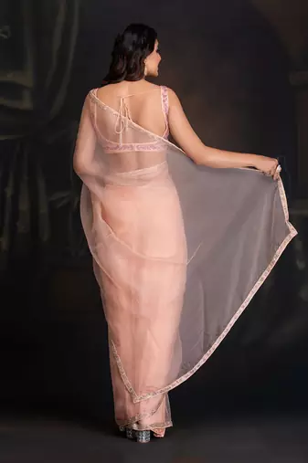Peach Bloom Silk Organza Saree With Dabka Work Border Clubbed With Raw Silk Blouse In Resham Work
