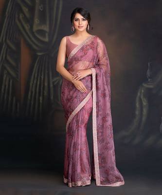 Ash Rose Printed Organza Saree With Hand Embroidered Dabka Border Clubbed With Raw Silk Blouse 1
