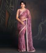 Ash Rose Printed Organza Saree With Hand Embroidered Dabka Border Clubbed With Raw Silk Blouse