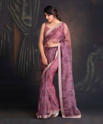 Ash Rose Printed Organza Saree With Hand Embroidered Dabka Border Clubbed With Raw Silk Blouse 2