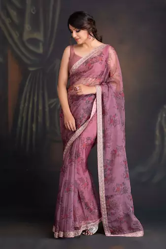Ash Rose Printed Organza Saree With Hand Embroidered Dabka Border Clubbed With Raw Silk Blouse