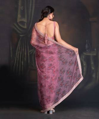 Ash Rose Printed Organza Saree With Hand Embroidered Dabka Border Clubbed With Raw Silk Blouse 3