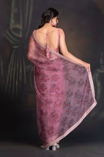 Ash Rose Printed Organza Saree With Hand Embroidered Dabka Border Clubbed With Raw Silk Blouse