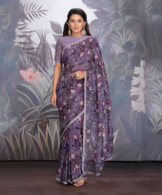 Heirloom Lilac Georgette Saree With Hand Work Of Dabka Clubbed With Raw Silk Blouse In Resham Work. 1