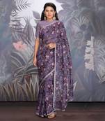 Heirloom Lilac Georgette Saree With Hand Work Of Dabka Clubbed With Raw Silk Blouse In Resham Work.