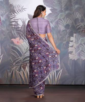 Heirloom Lilac Georgette Saree With Hand Work Of Dabka Clubbed With Raw Silk Blouse In Resham Work. 2