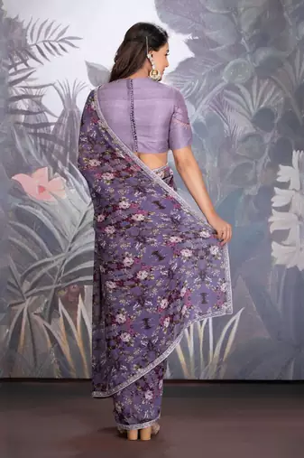 Heirloom Lilac Georgette Saree With Hand Work Of Dabka Clubbed With Raw Silk Blouse In Resham Work.
