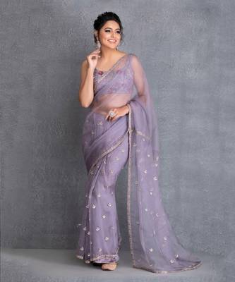 Heirloom Lilac Silk Organza Saree With Hand Work Of Dabka In Chand Motif Clubbed With Raw Silk Blouse In Resham Work 1