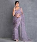 Heirloom Lilac Silk Organza Saree With Hand Work Of Dabka In Chand Motif Clubbed With Raw Silk Blouse In Resham Work