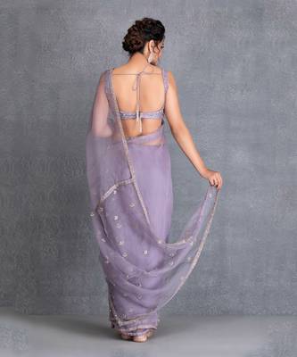 Heirloom Lilac Silk Organza Saree With Hand Work Of Dabka In Chand Motif Clubbed With Raw Silk Blouse In Resham Work 2