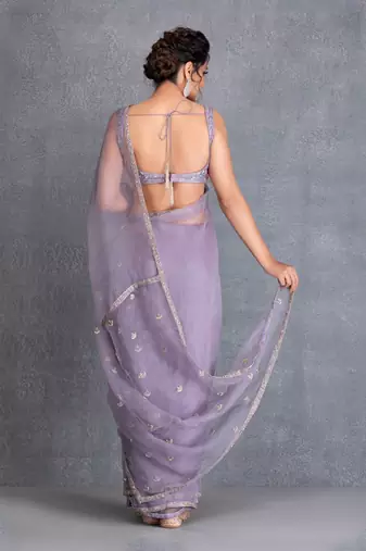 Heirloom Lilac Silk Organza Saree With Hand Work Of Dabka In Chand Motif Clubbed With Raw Silk Blouse In Resham Work
