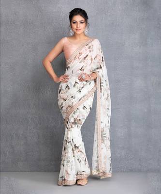 Ivory Botanical Printed Saree With Dabka Work Border And Raw Silk Blouse 1