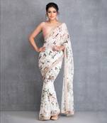 Ivory Botanical Printed Saree With Dabka Work Border And Raw Silk Blouse