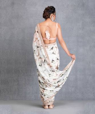 Ivory Botanical Printed Saree With Dabka Work Border And Raw Silk Blouse 2