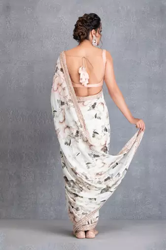 Ivory Botanical Printed Saree With Dabka Work Border And Raw Silk Blouse