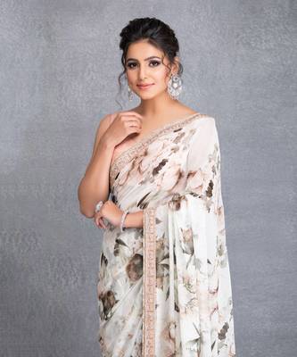 Ivory Botanical Printed Saree With Dabka Work Border And Raw Silk Blouse 3