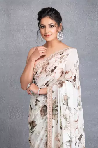 Ivory Botanical Printed Saree With Dabka Work Border And Raw Silk Blouse