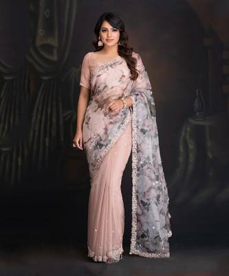 Lotus Silk Organza Saree With Print Details In Handwork Border With Resham And Katdana Work 1