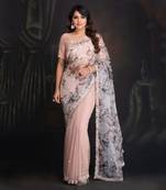 Lotus Silk Organza Saree With Print Details In Handwork Border With Resham And Katdana Work