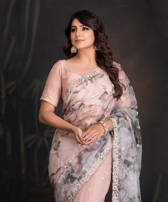 Lotus Silk Organza Saree With Print Details In Handwork Border With Resham And Katdana Work 2