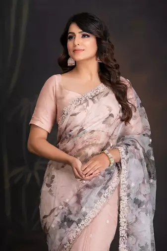 Lotus Silk Organza Saree With Print Details In Handwork Border With Resham And Katdana Work