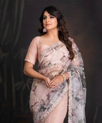 Lotus Silk Organza Saree With Print Details In Handwork Border With Resham And Katdana Work 3