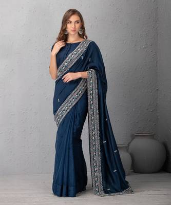 Mid Night Blue Chanderi Silk Saree With Duptta & Resham Work Border Organza Pleats 1