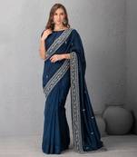Mid Night Blue Chanderi Silk Saree With Duptta & Resham Work Border Organza Pleats