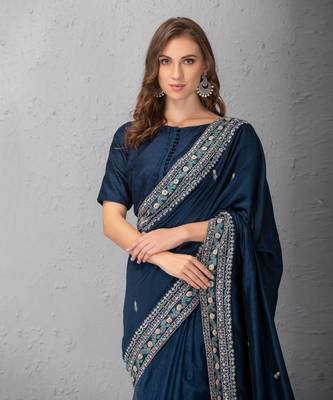 Mid Night Blue Chanderi Silk Saree With Duptta & Resham Work Border Organza Pleats 2