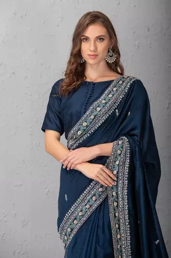 Mid Night Blue Chanderi Silk Saree With Duptta & Resham Work Border Organza Pleats