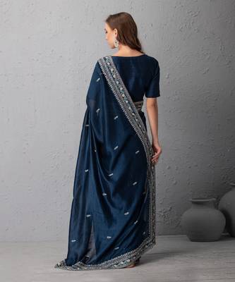 Mid Night Blue Chanderi Silk Saree With Duptta & Resham Work Border Organza Pleats 3